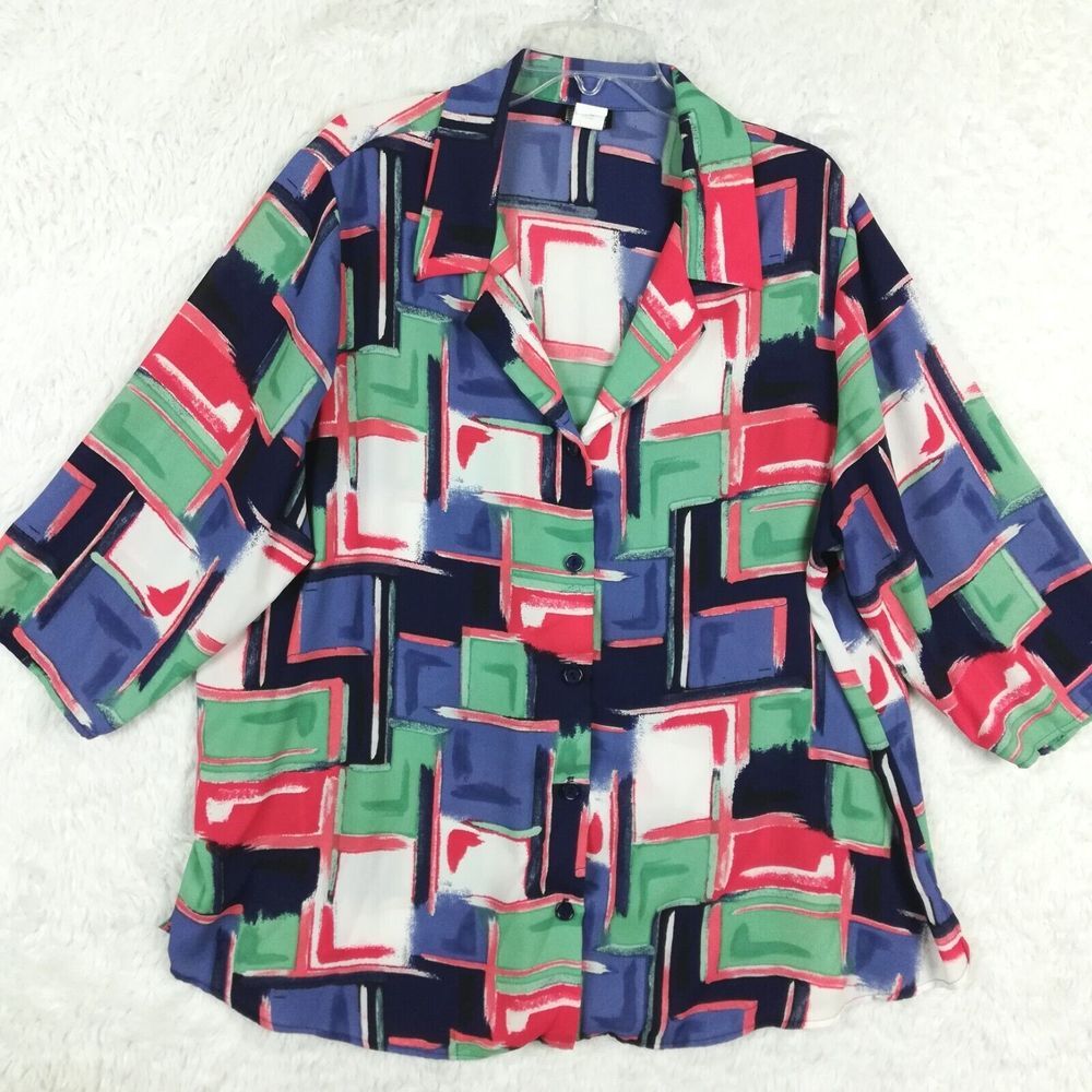 First Glance Womens Shirt Button Up‎ Geometric Block Print 3/4 Sleeve Plus 24W